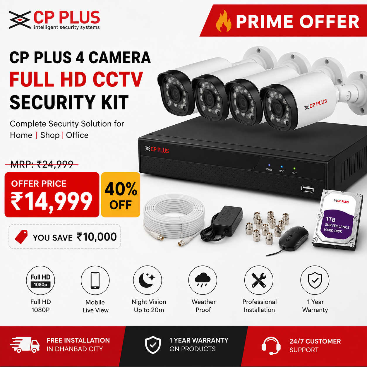CP Plus 4 Camera Full HD CCTV Security Kit